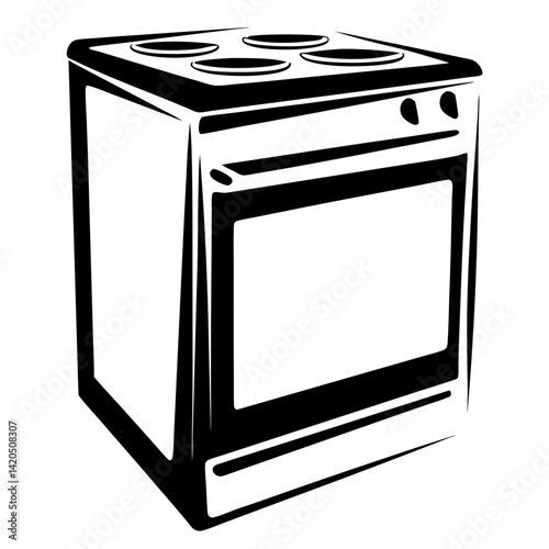 Stylized black and white illustration of a freestanding electric range stove