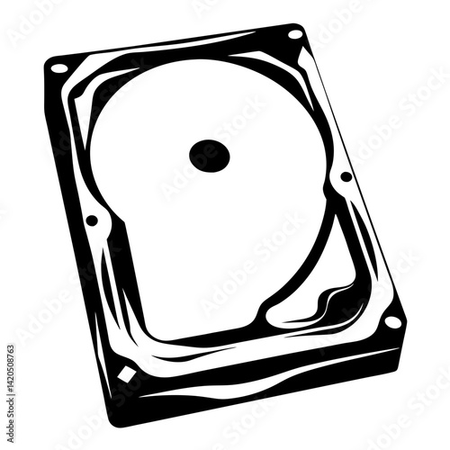 Monochrome Illustration of a Hard Disk Drive with Circular Platter Design
