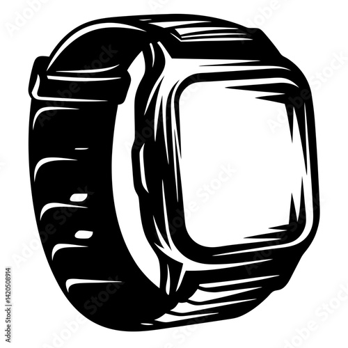 Stylized black and white image of a modern digital smart watch device
