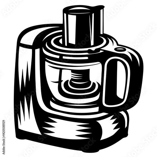 Bold black and white illustration of a food processor appliance design