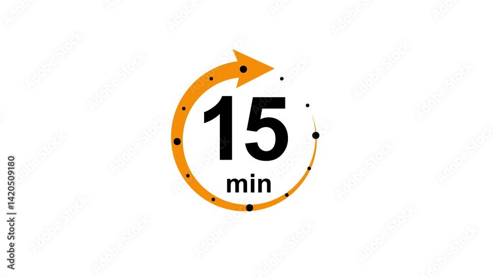 15 minute timer symbol, isolated on transparent white background with alpha channel. 15 min time circle icon .Animation timer icon with 15 min. Clock, stopwatch, cooking time label ,arrow orange color