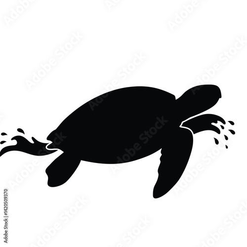 Black Silhouette Of Sea Turtle Swimming With Water Splashes Against White Background