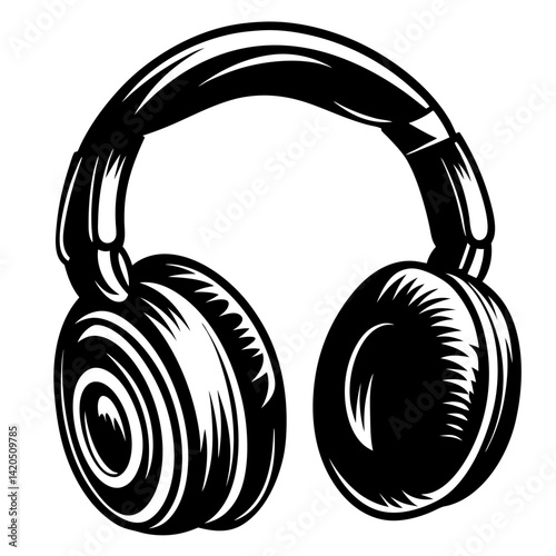 Monochromatic illustration of headphones with bold, stylized lines and dynamic shading