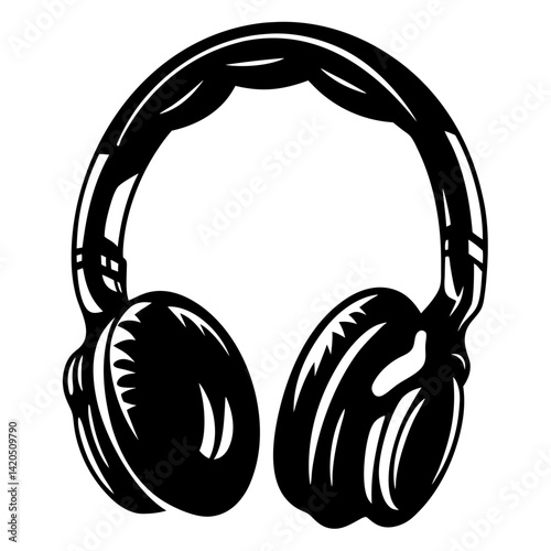 Monochrome graphic of stylish headphones representing audio entertainment and musical enjoyment