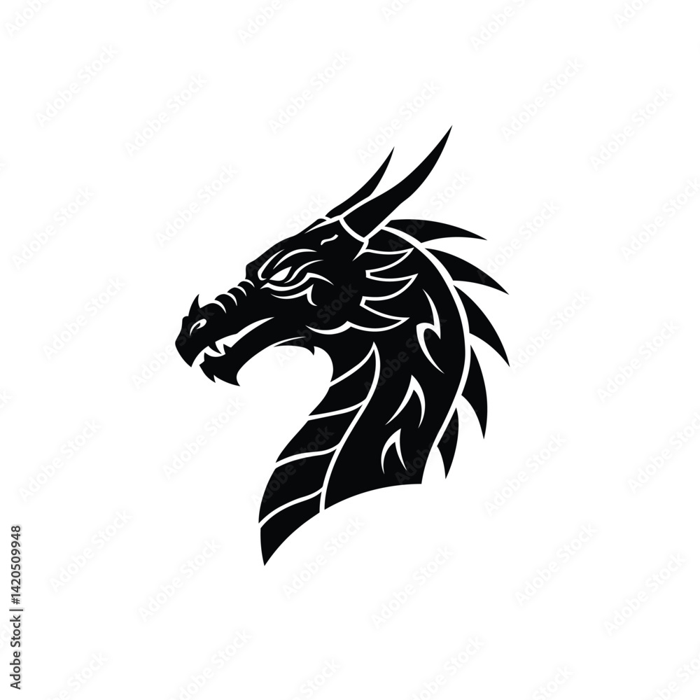 Obraz premium Black Dragon Head Silhouette Illustration On White Background Vector Image Design