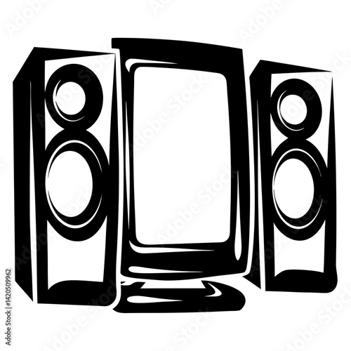 Monochrome vector image of a computer and speakers with thick outlines