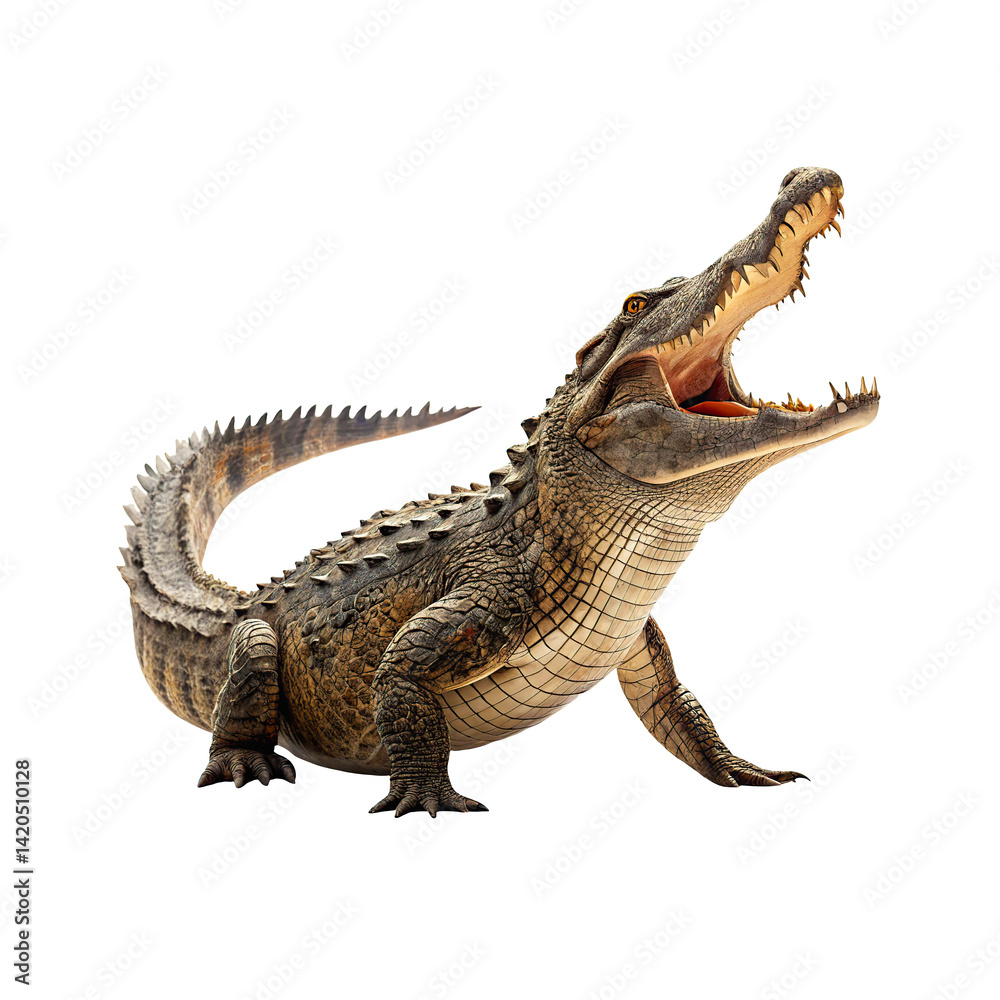 Obraz premium Fierce Wild Crocodile with Open Mouth and Dangerous Teeth Isolated on White Background