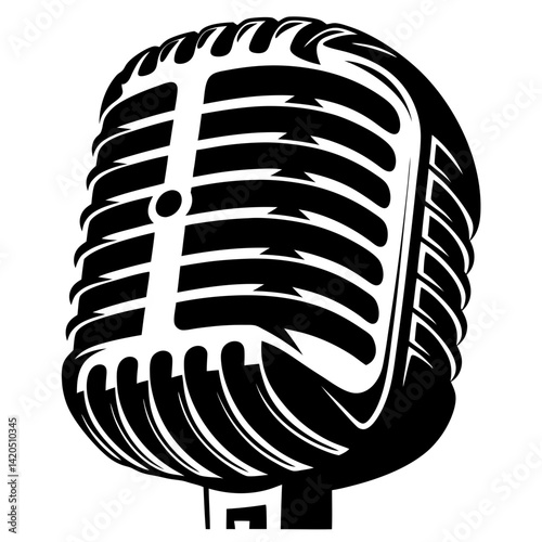 Black and white illustration of a vintage broadcast microphone on a stand