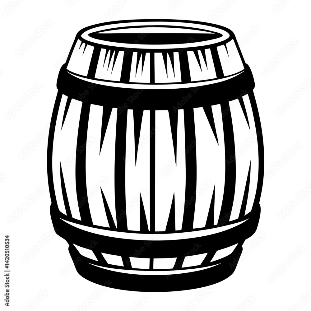 Monochrome Illustration of a Wooden Barrel with Sharp Edges and Details Monochrome Illustration of a Wooden Barrel with Sharp Edges and Details