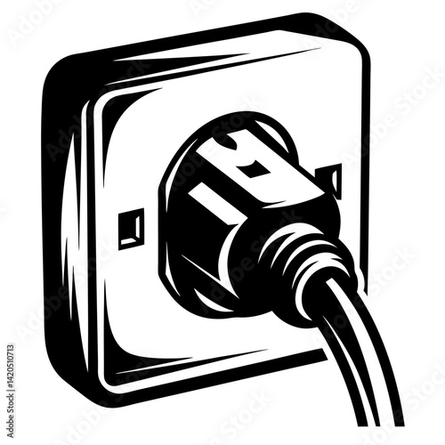 Stylized Black and White Illustration of a Plug Inserted into an Outlet