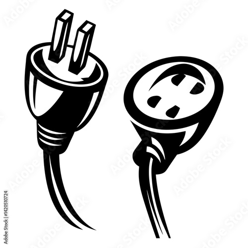 Illustration of electrical plug and socket depicted in simple black and white
