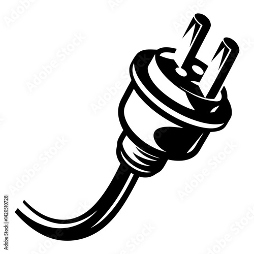 Monochrome vector illustration of a two pronged electrical plug with curved cable