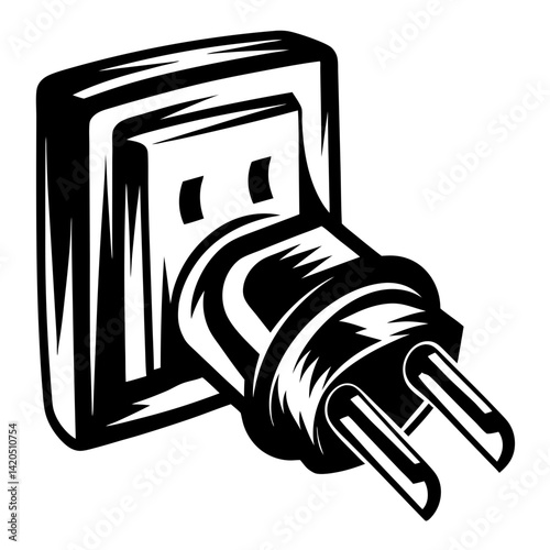 Black and white illustration of a European plug in a wall socket