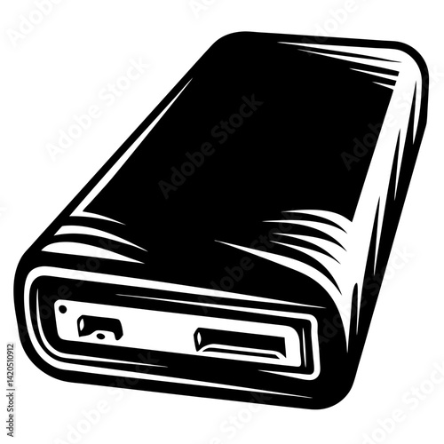 Black and white illustration of a portable power bank for charging devices