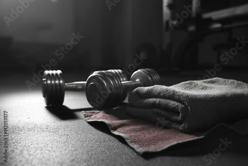 Wallpaper Mural Dumbbell and towel at a gym, workout equipment for strength training and physical exercise to build muscles. Torontodigital.ca
