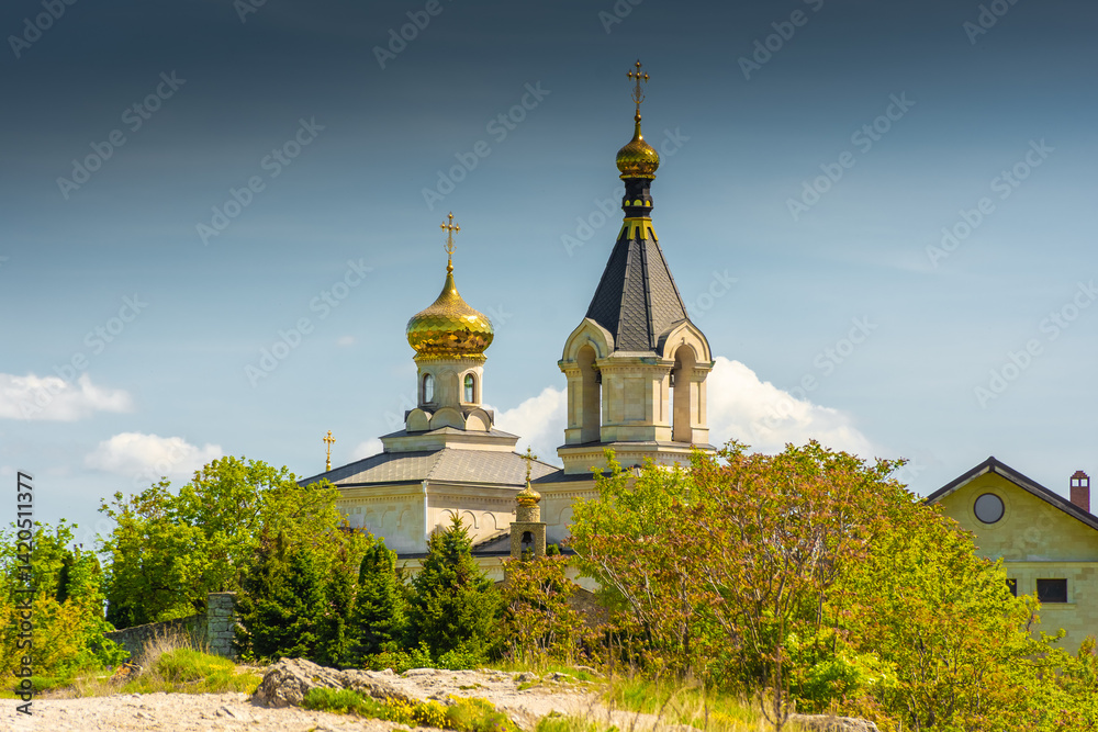 Golden domes of the Orheiul Vechi Monastery in Butuceni, Moldova