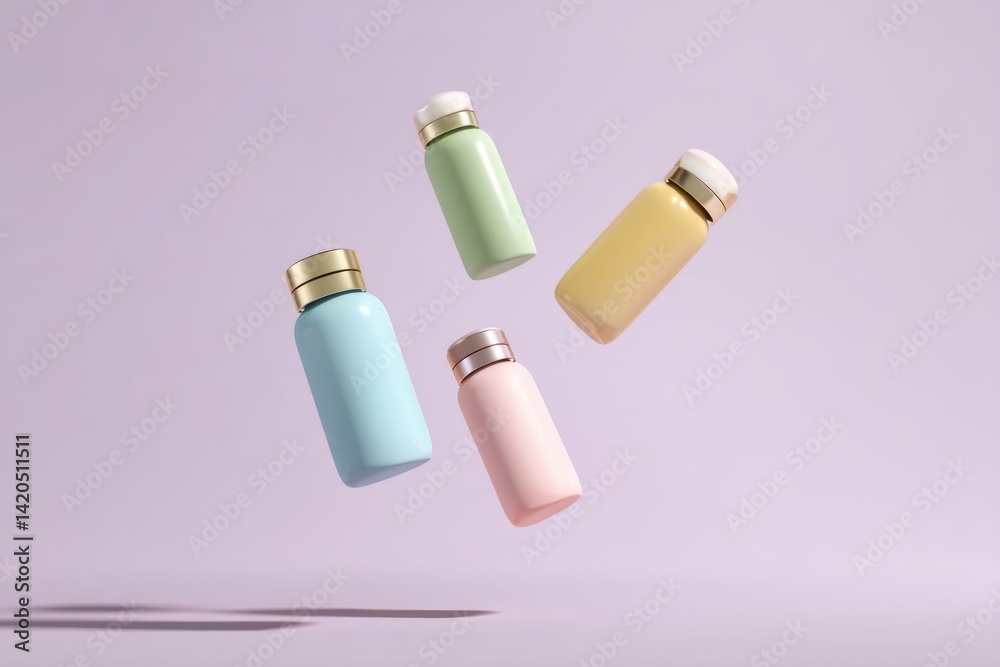 Pastel Cosmetic Bottles in Motion on a Lavender Background: Skincare Packaging for Beauty and Wellness Products Pastel Cosmetic Bottles in Motion on a Lavender Background: Skincare Packaging for Beauty and Wellness Products