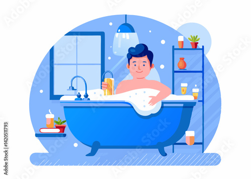 A person taking a relaxing bath image. Cartoon style. Vector illustration.