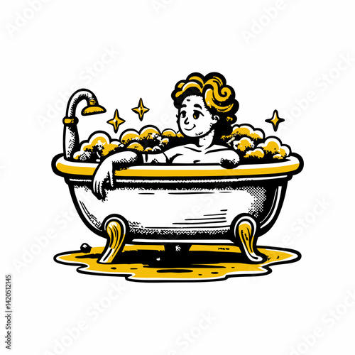 Hand drawn a person taking a relaxing bath image. Flat image isolated on white background. Vector illustration.