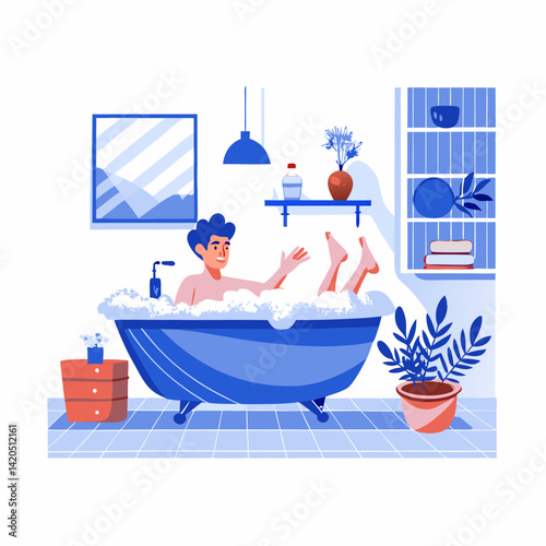 A person taking a relaxing bath image. Flat style. Vector illustration.