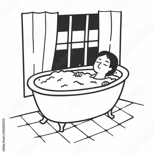 A person taking a relaxing bath outline simple image. Flat style. Vector illustration.