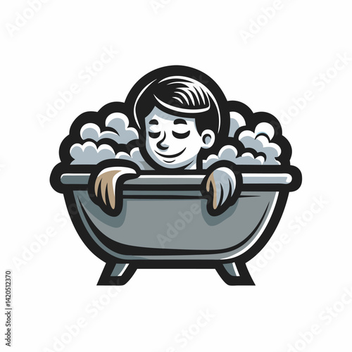 A person taking a relaxing bath logo. Flat style emblem. Vector illustration.