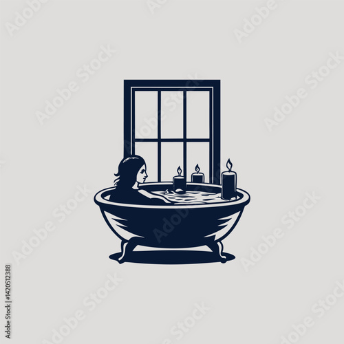 A person taking a relaxing bath engraved vintage image. Vector illustration.