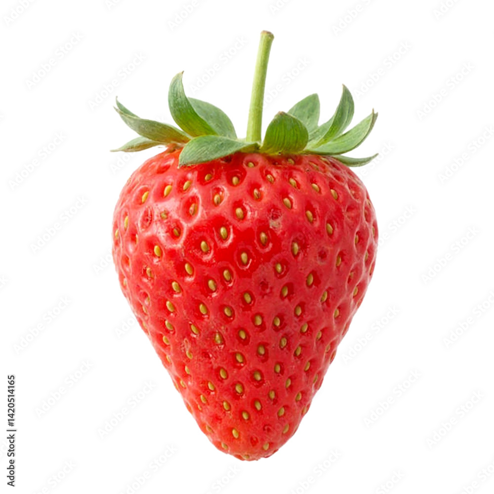 Isolated juicy ripe strawberry with vibrant seeds and green leaves on white background Isolated juicy ripe strawberry with vibrant seeds and green leaves on white background