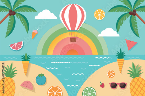 A vibrant tropical beach scene with a colorful rainbow, hot air balloon, fruits, and palm trees, perfect for summer designs and vacation themes