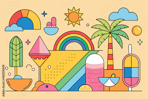 A playful and vibrant illustration of a rainbow, ice creams, palm tree, and sunny elements, perfect for summer, vacation, and tropical designs