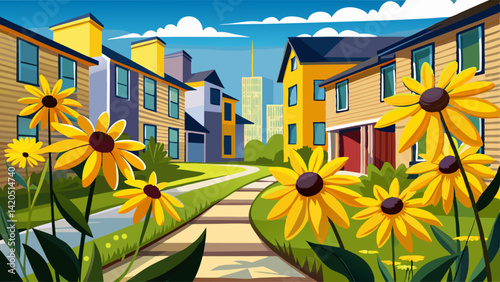 Yellow black-eyed susan flowers blooming along suburban sidewalk with modern townhouses in background, creating cheerful summer neighborhood scene.