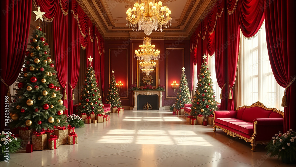 Fototapeta premium A regal Christmas scene unfolds in a grand ballroom, adorned with majestic red curtains, shimmering chandeliers, and several elegantly decorated Christmas trees, bathed in soft sunlight.