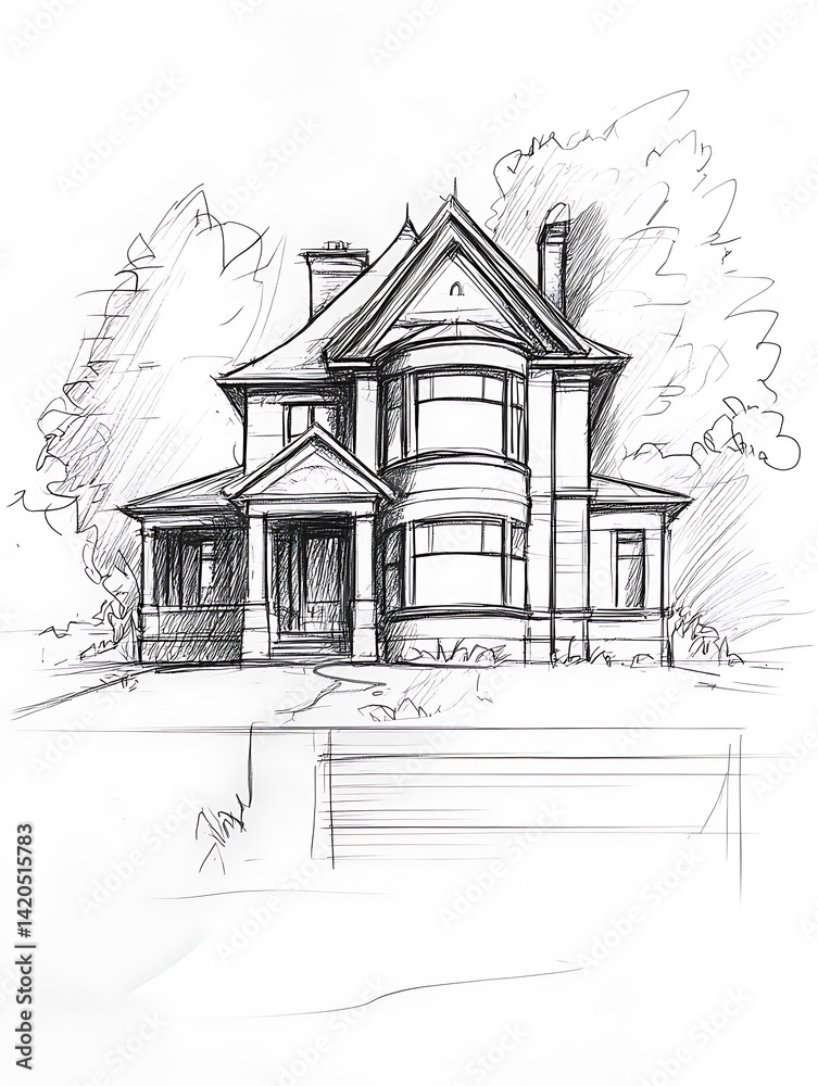 A detailed pencil sketch of a large classic Victorian-style house with surrounding trees showing architectural elements and shading. A detailed pencil sketch of a large classic Victorian-style house with surrounding trees showing architectural elements and shading.