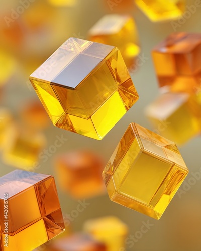 Floating amber-colored cubes in an abstract background