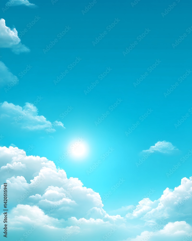 Bright Blue Sky with Fluffy Clouds and a Sun