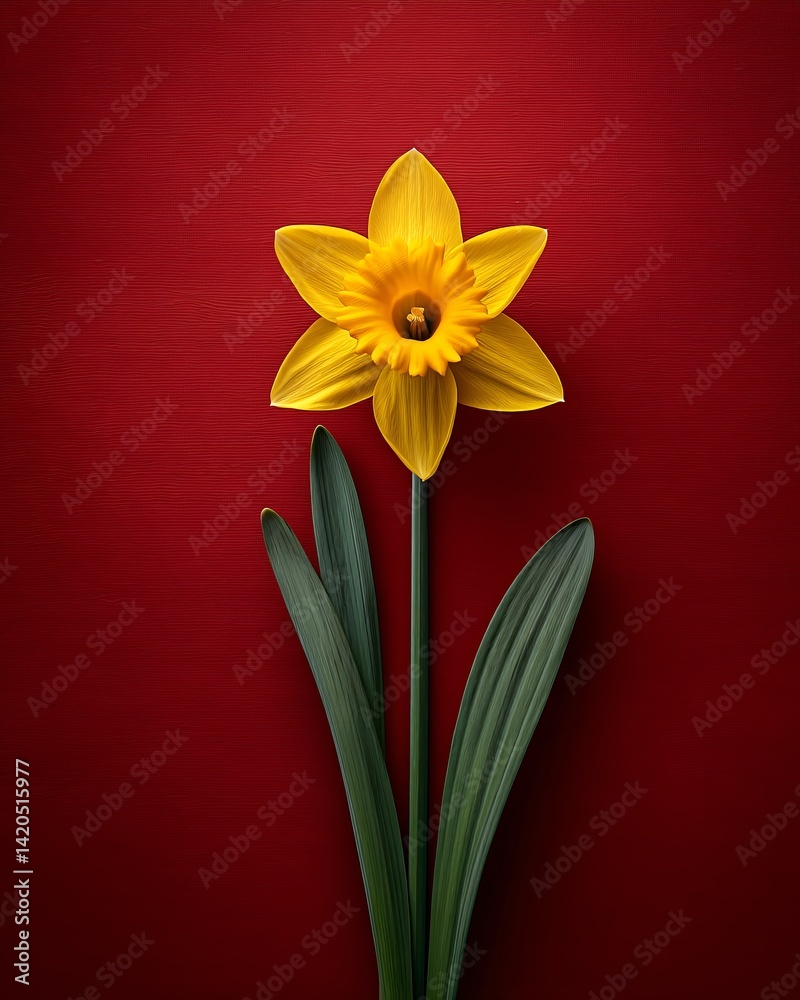 Single yellow daffodil flower on red background