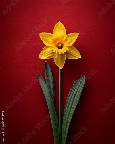 Obraz na płótnie Single yellow daffodil flower on red background w salonie
