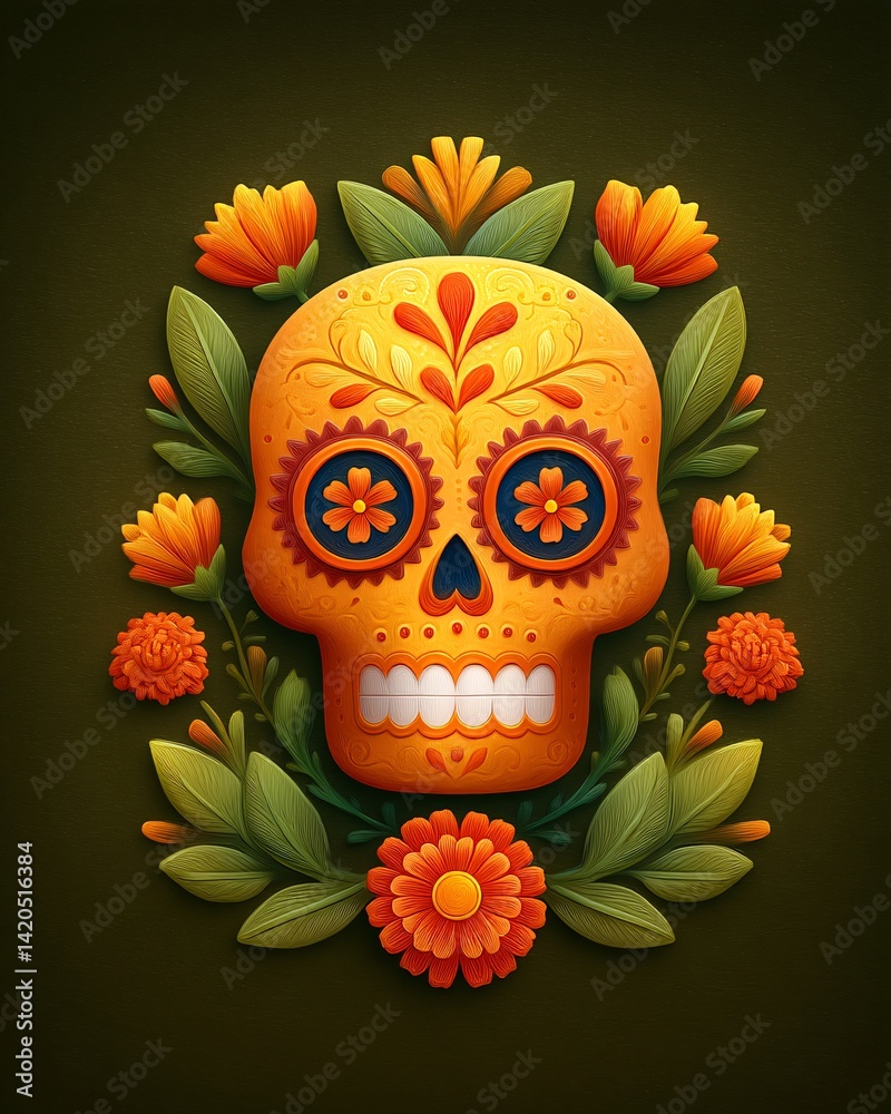 Colorful Day of the Dead Skull with Flowers