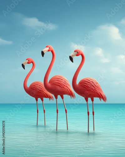 Obraz na płótnie Colorful Flamingos Standing in Shallow Water w salonie