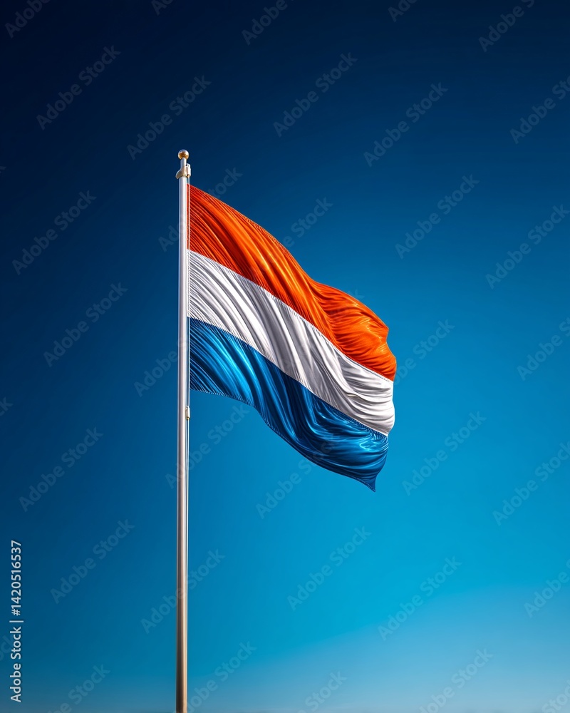 Dutch Flag Waving in Clear Blue Sky