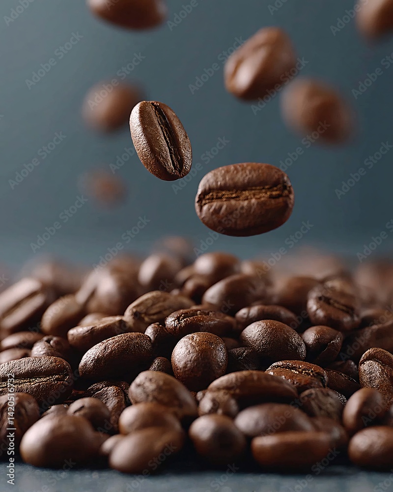 Floating coffee beans on a dark background