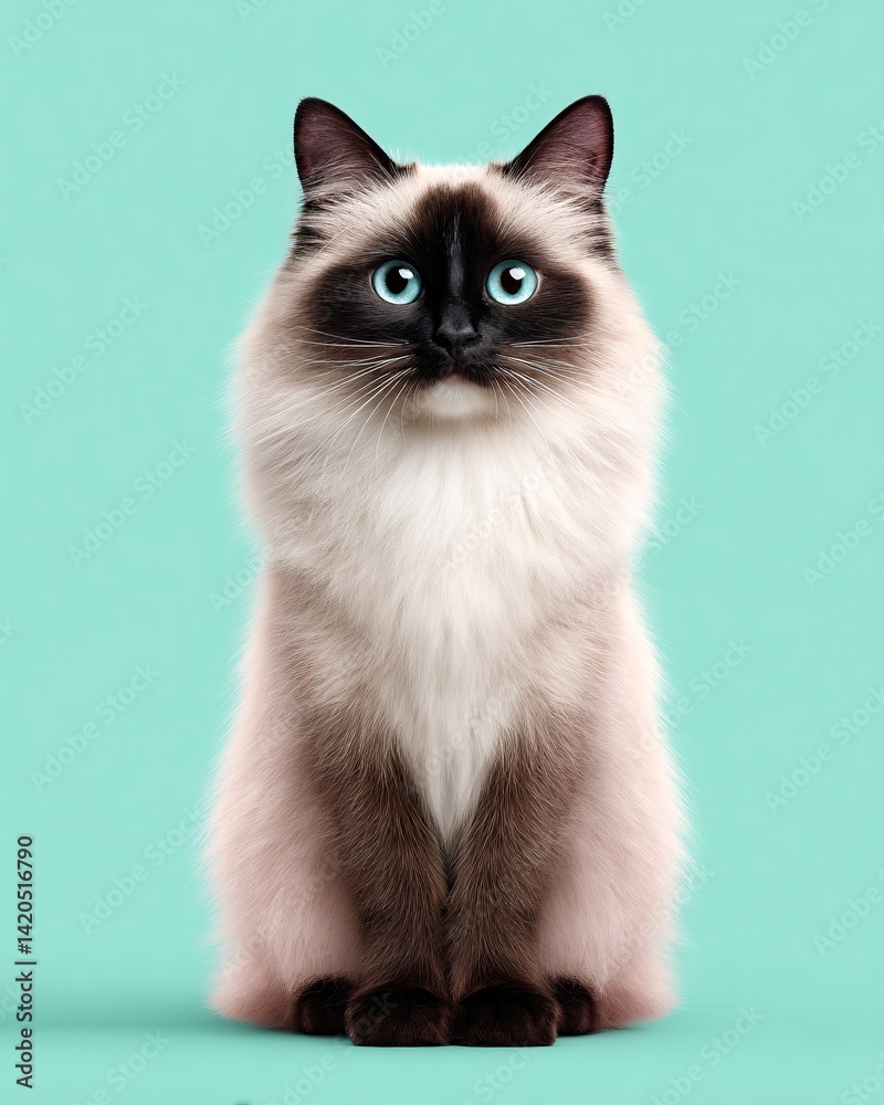 Cute fluffy cat with blue eyes on a mint background