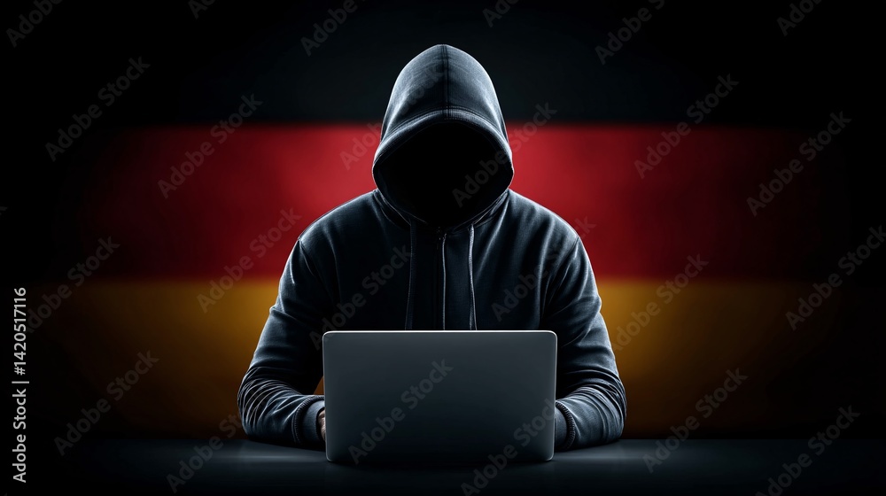 Hacker working on a laptop with a shadowy figure and German flag background