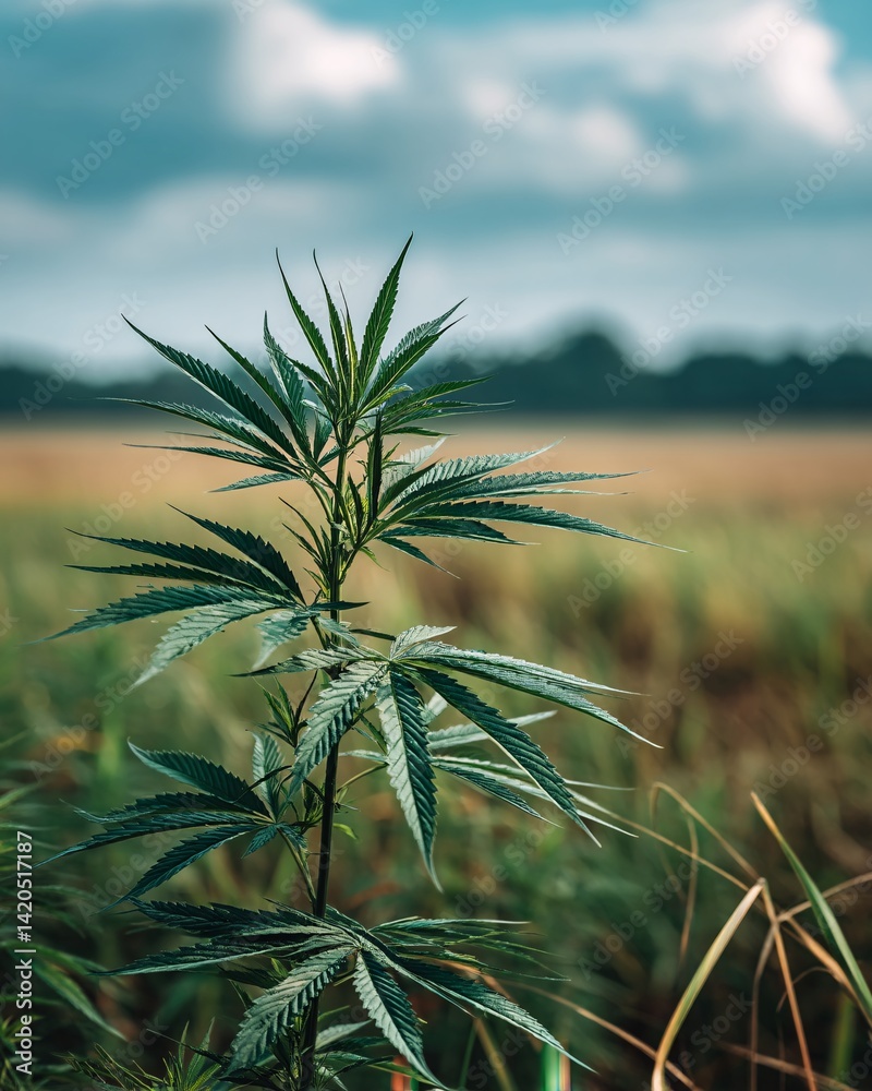 Close-up of a hemp plant in a field against a blue sky