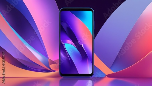 Modern smartphone with colorful digital wallpaper on abstract tech background