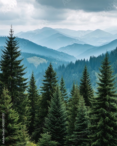 Obraz na płótnie Majestic Forest Mountains Under Cloudy Skies w salonie