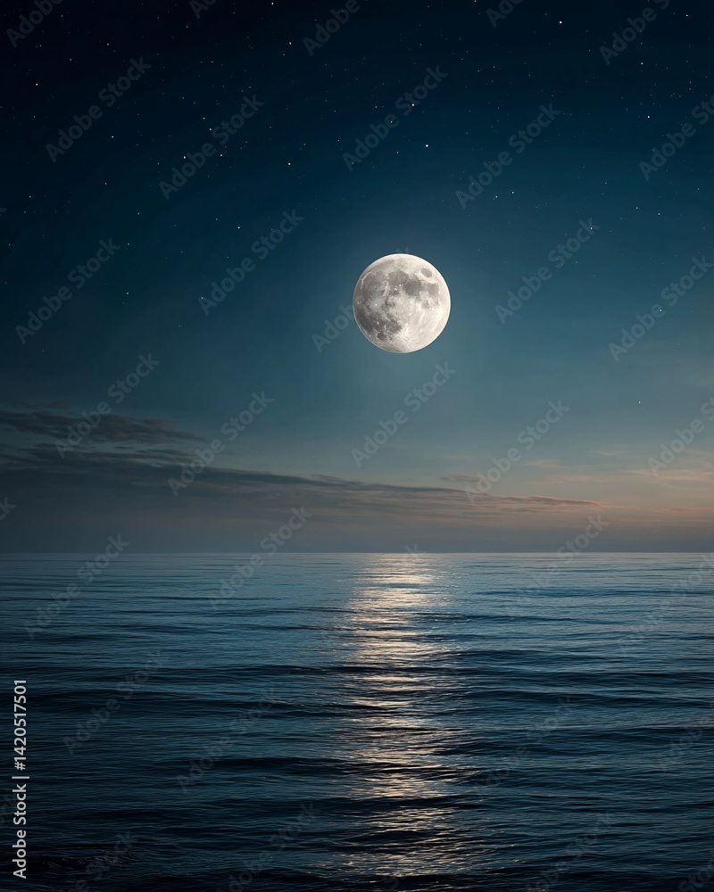 Serene Night: Full Moon Over Calm Ocean