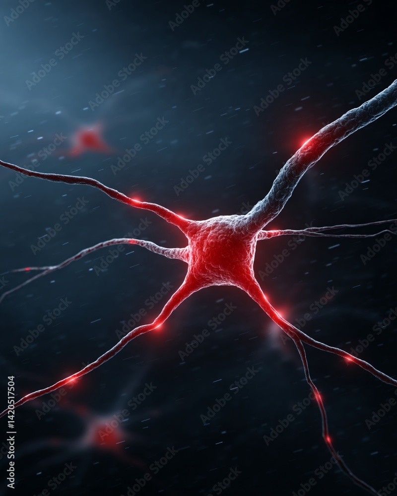 Close-Up of a Neuron with Red Glowing Synapses on a Dark Background