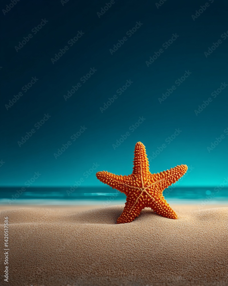Single orange starfish on sandy beach with ocean backdrop