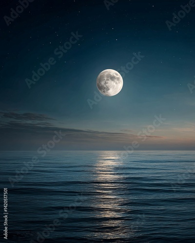 Obraz na płótnie Serene Night: Full Moon Over Calm Ocean w salonie